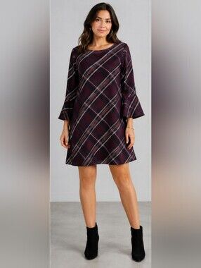 Ellen Weaver Plaid Swing Dress Plus Size 1X Burgundy Bell Sleeve